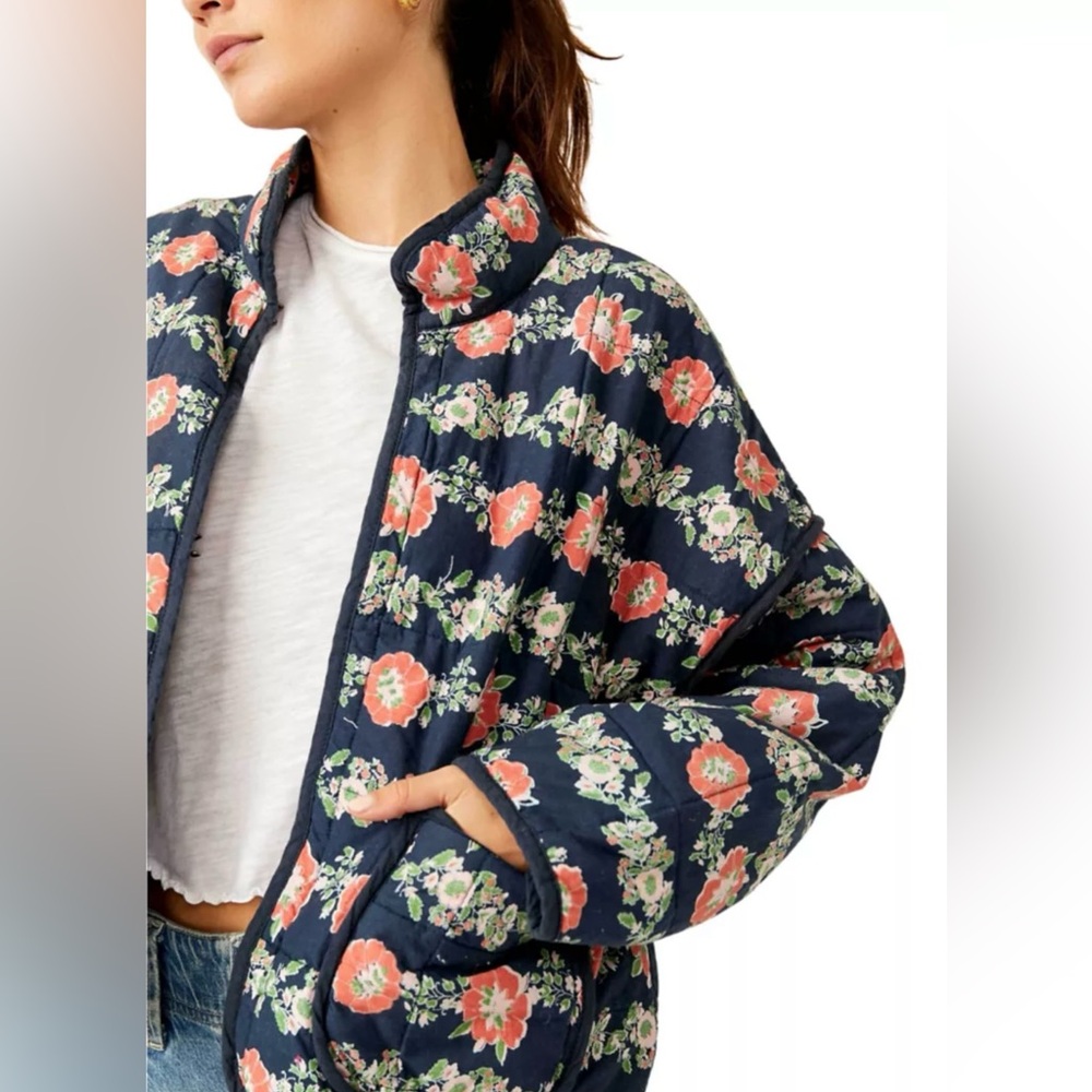 Free People Navy Floral Quilted Puffer Jacket - Picture 2 of 5